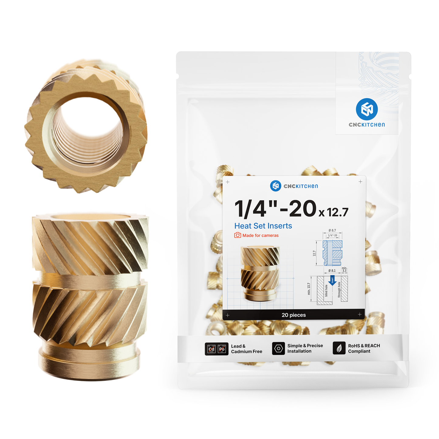 Gewindeeinsatz 1/4"-20x12,7 (für Kameragewinde) - 20 Stück