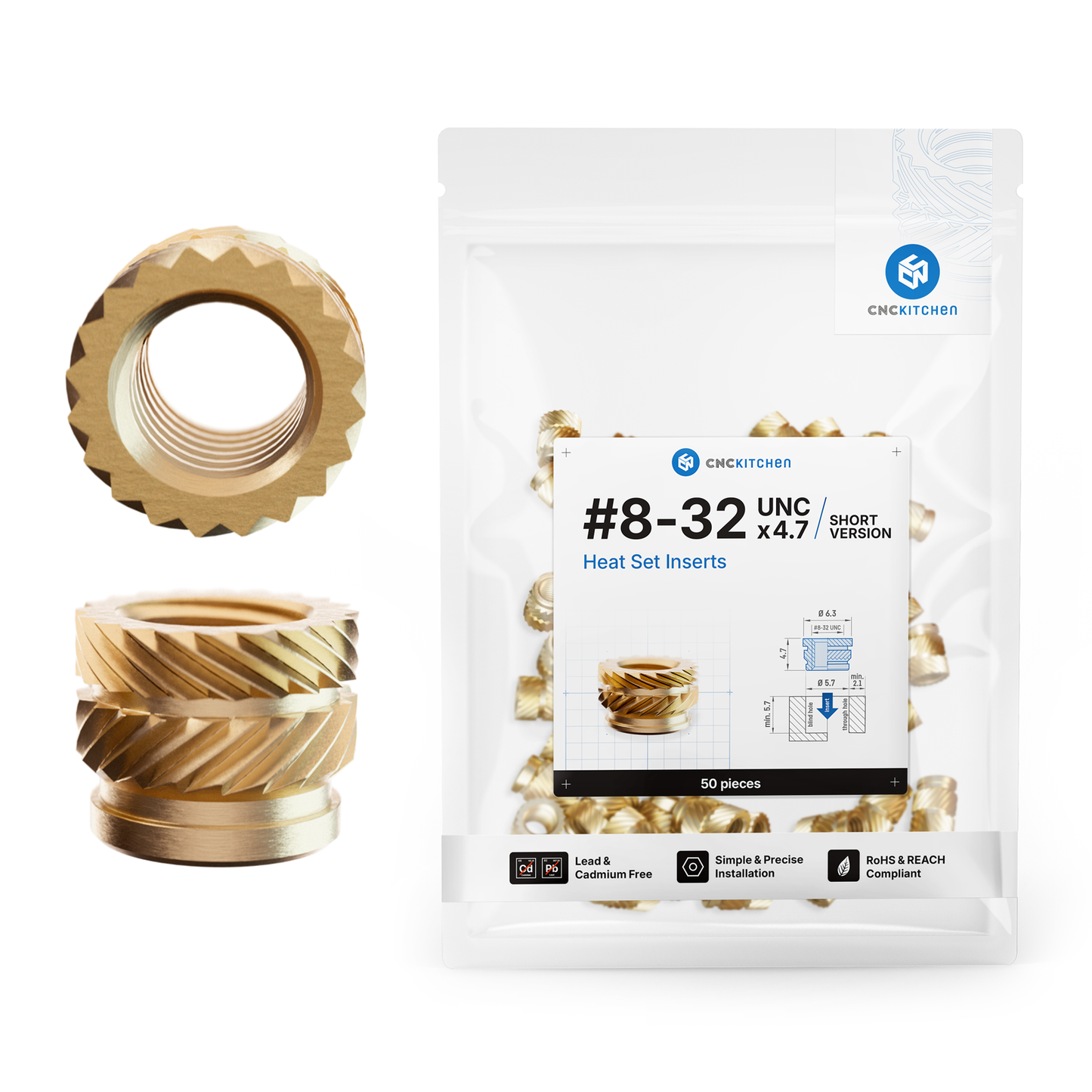 Heat Set Insert #8-32 x 4.7 mm (Short Version) - 50 pieces