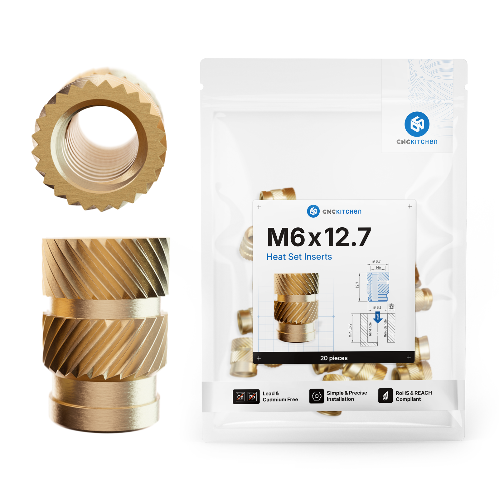 CSeao 20pcs 1/4-20" X 6mm X 8mm(I.DxHxO.D) Brass Knurled Nuts Heat Set Nutserts For Plastic 3D Printers