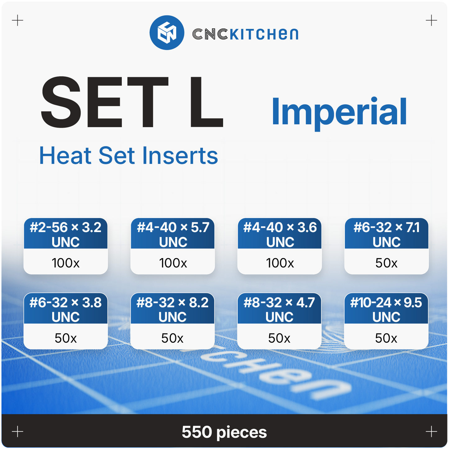 Heat Set Insert SET L, 8 Sizes, 550 pieces