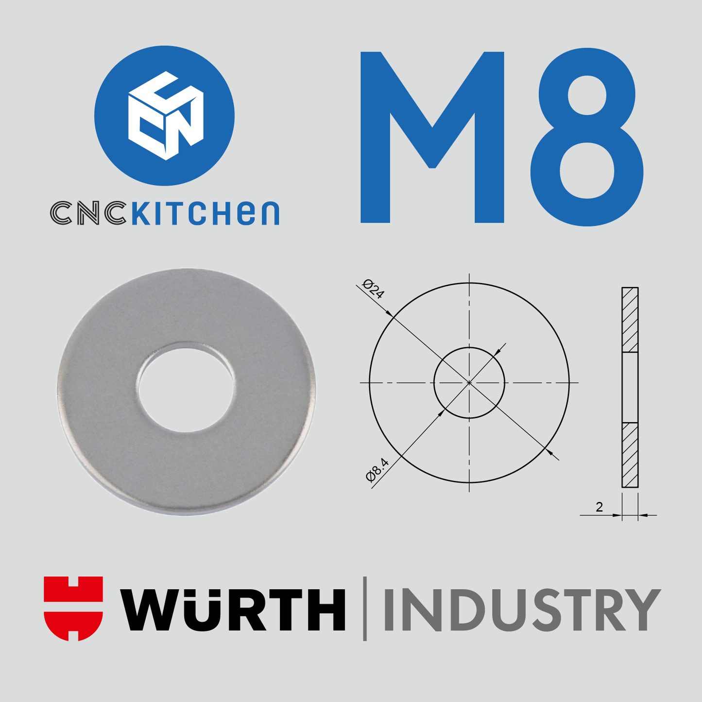 Washers with large diameter, M2-M8